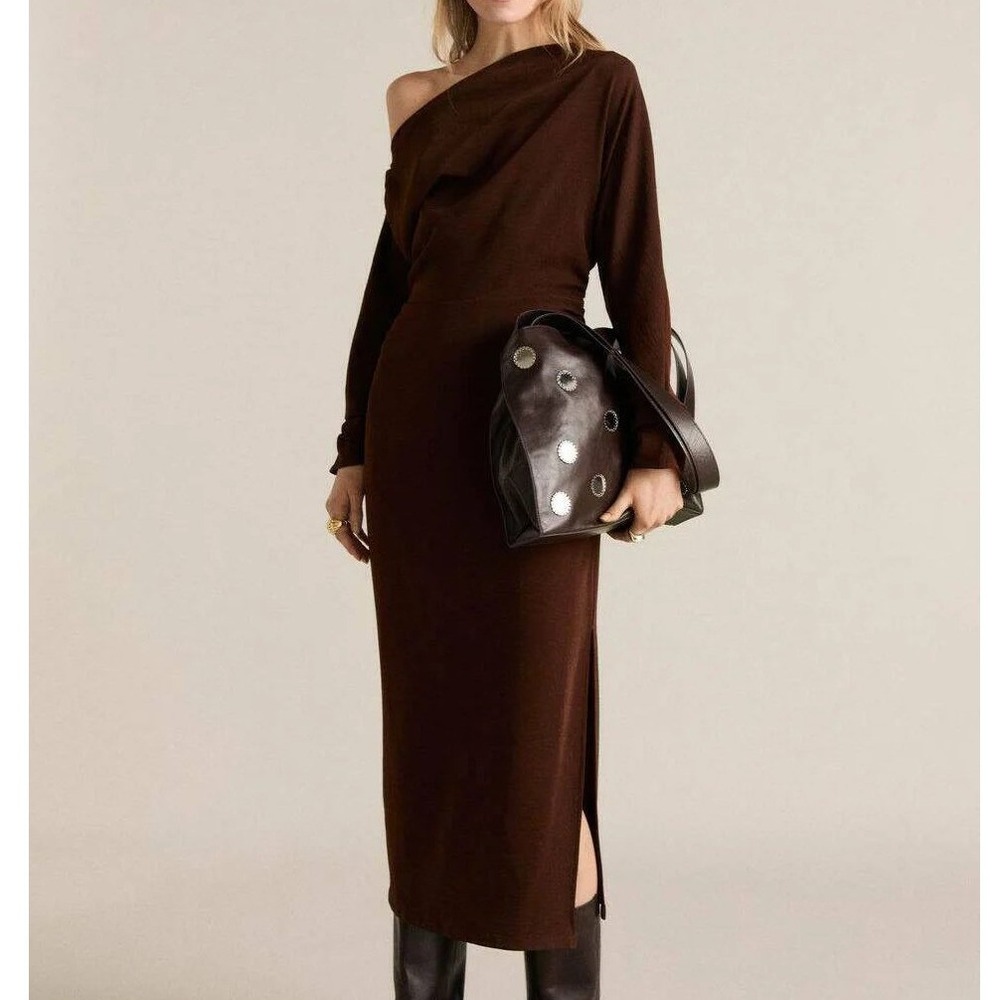 Mango Vestido 423 Aria Midi Dress Brown XS New With Tags‎